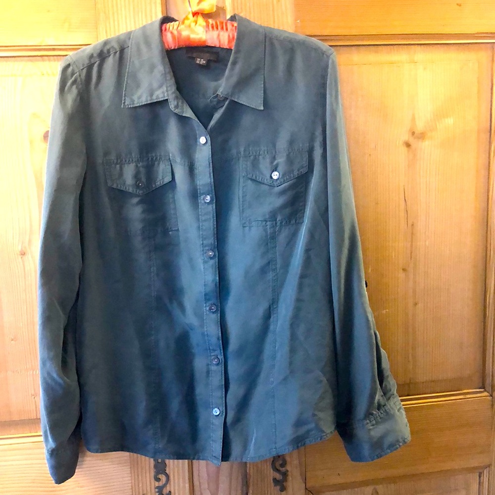 Pure Collection Women’s 100% Silk Shirt Blouse in Gray Sleeves Roll Up, Size 14